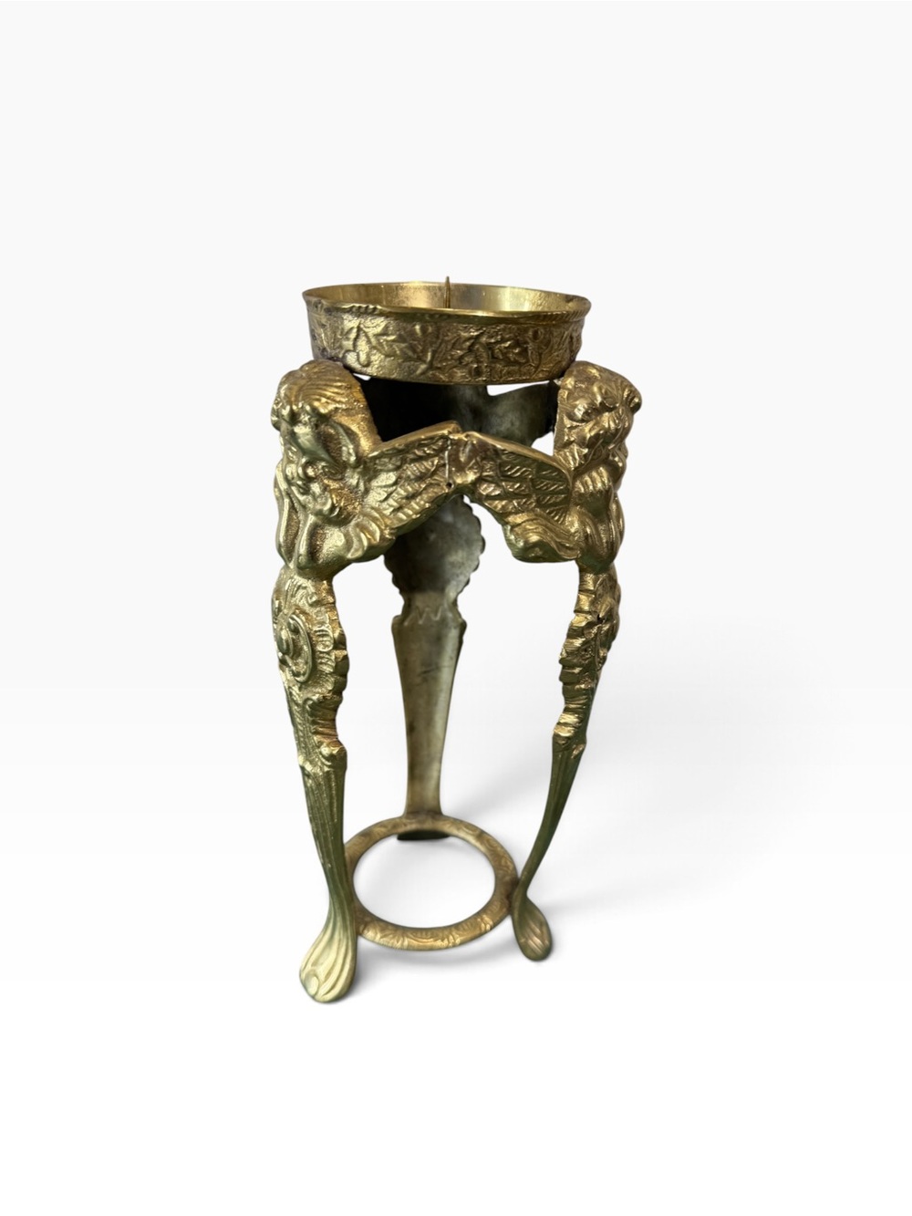 Vintage 9" Brass Cherub Candle Holder Winged Angel Tripod Display